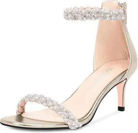 100FIXEO Women's Rhinestone Low Stiletto Heels Ankle Strap Open Toe Heeled Sandals Wedding Dress Shoes