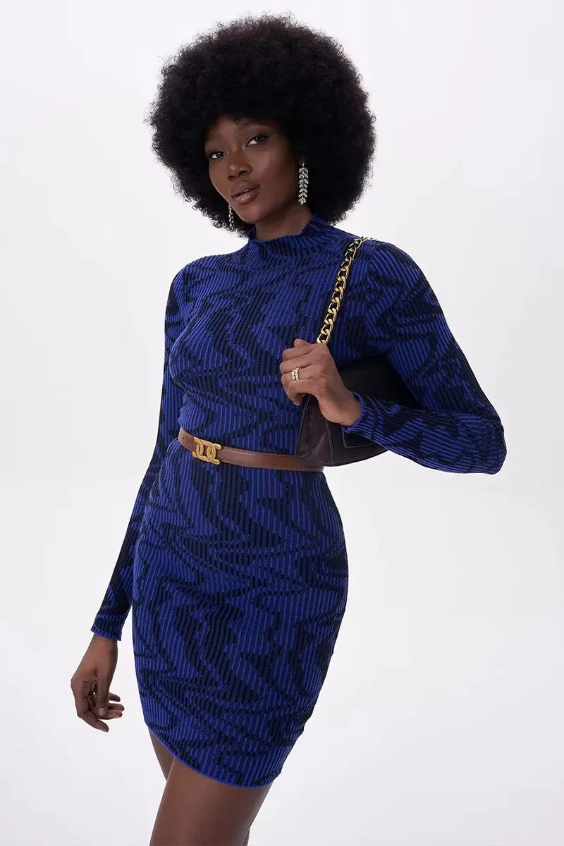 Abstract Wave Stripe Jacquard Knit Mini Dress