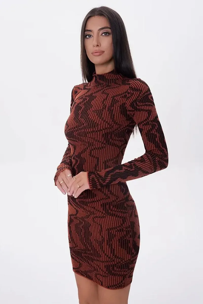 Abstract Wave Stripe Jacquard Knit Mini Dress