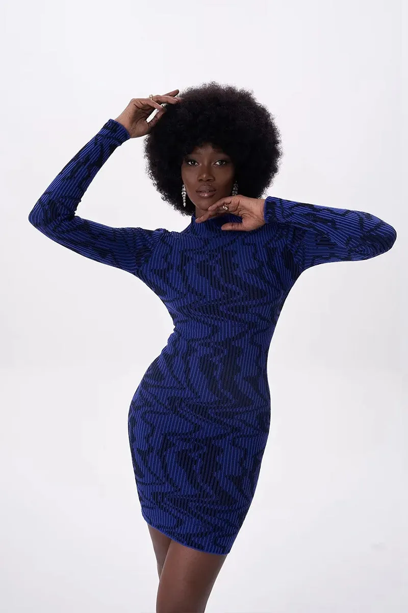 Abstract Wave Stripe Jacquard Knit Mini Dress