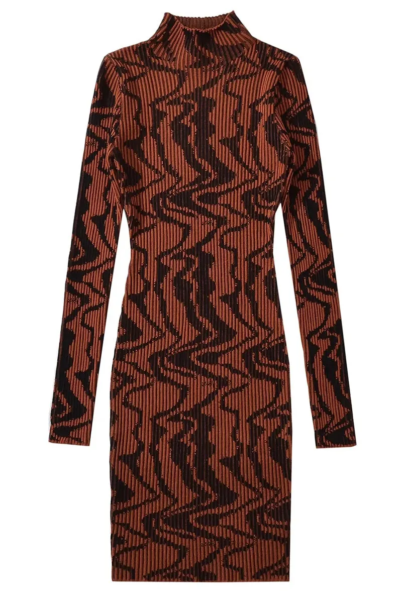 Abstract Wave Stripe Jacquard Knit Mini Dress