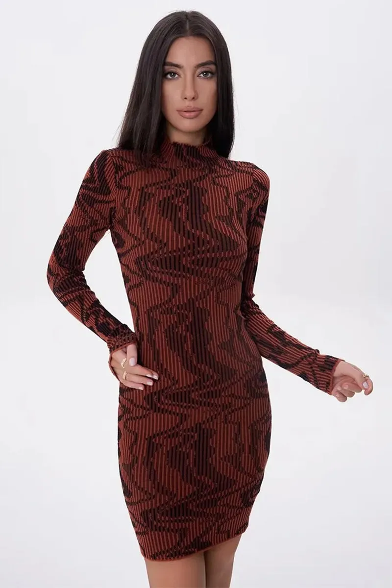 Abstract Wave Stripe Jacquard Knit Mini Dress
