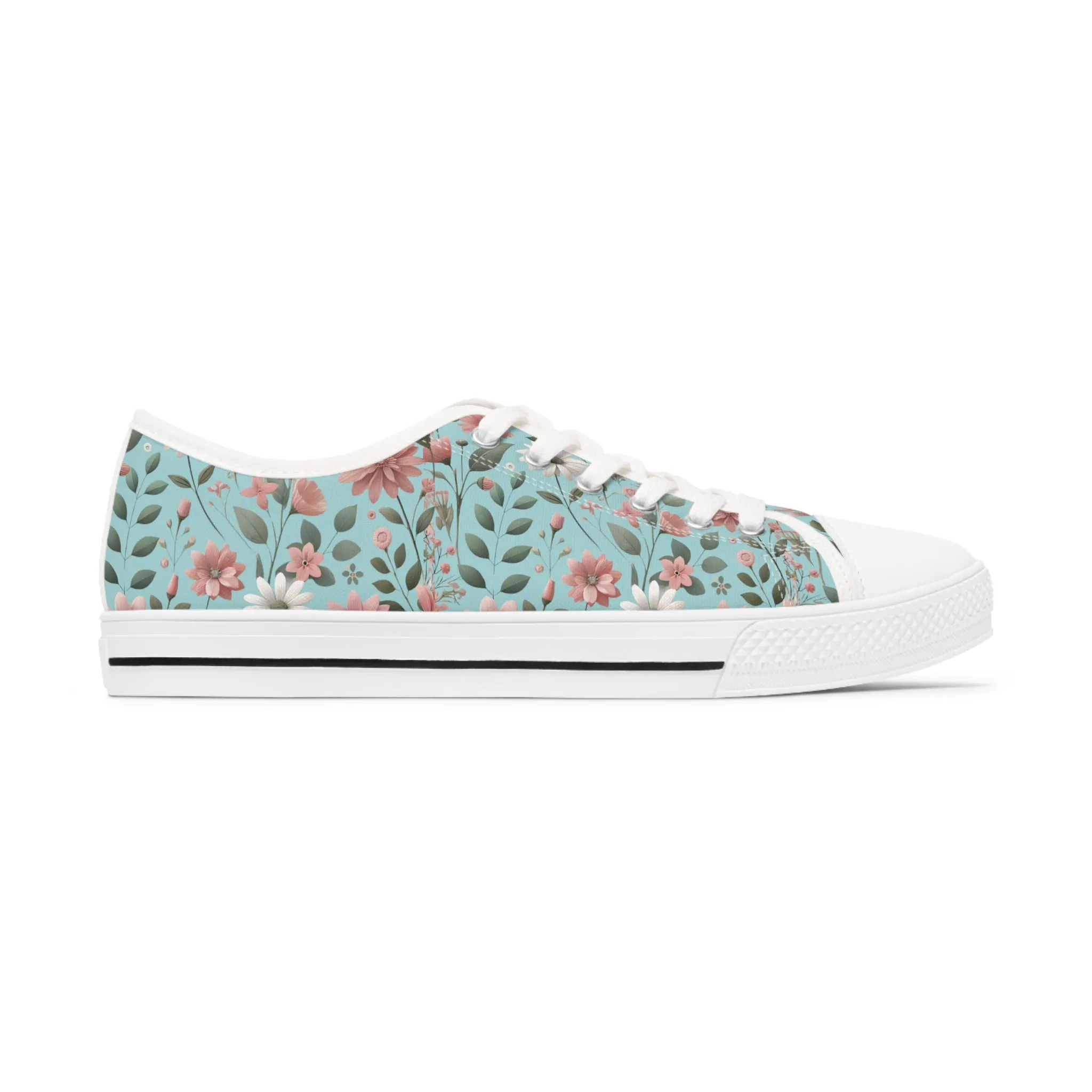 Aqua and Pink Floral Women's Low Top Sneakers Breathable Polyester Canvas, Lightweight Stylish Floral Pastel Design, Comfortable All-Day Wear, Perfect for Walking and Everyday Activities
