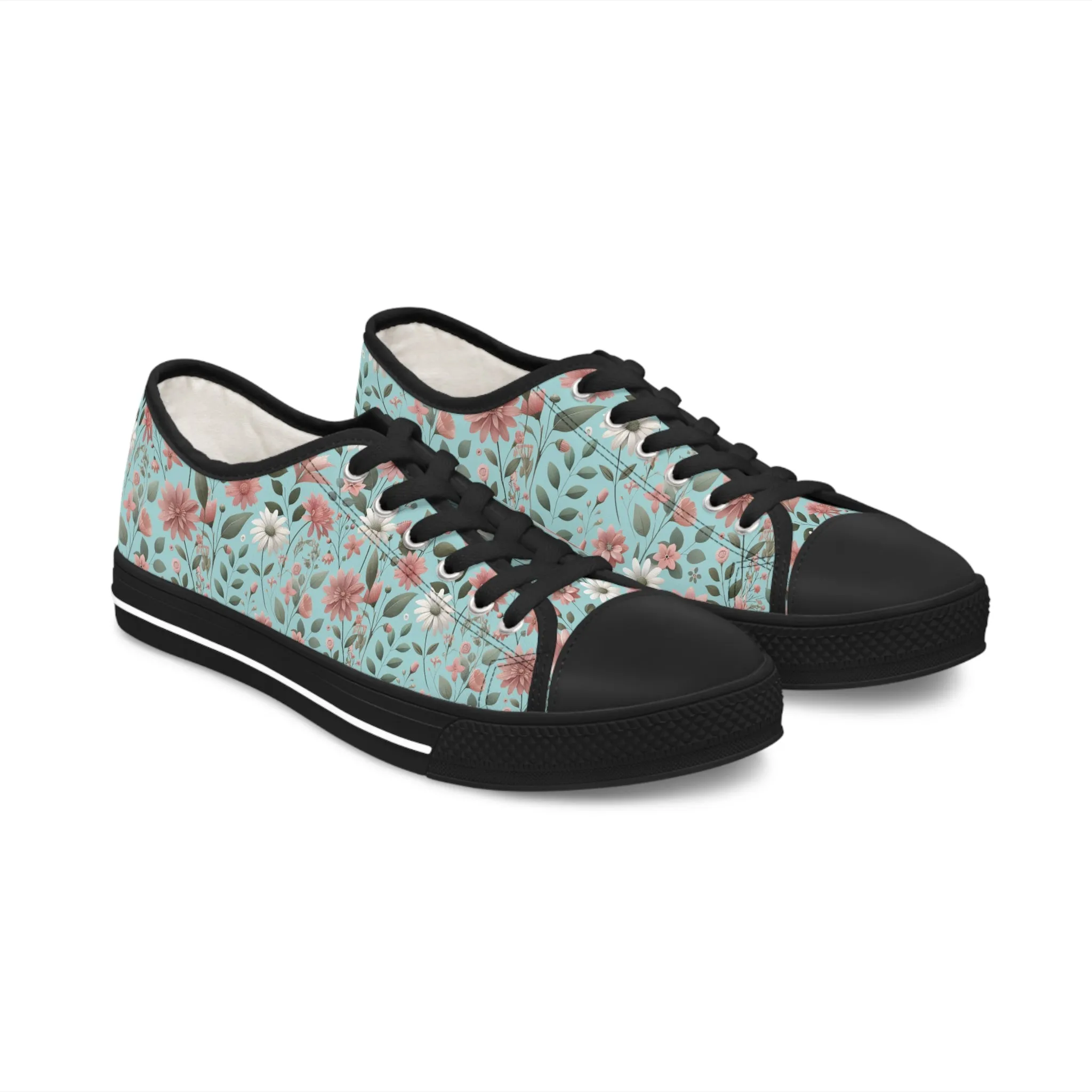 Aqua and Pink Floral Women's Low Top Sneakers Breathable Polyester Canvas, Lightweight Stylish Floral Pastel Design, Comfortable All-Day Wear, Perfect for Walking and Everyday Activities