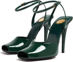 Arqa Womens Stilleto Sandals Covered Square Open Toe Pumps Adjustable Ankle Strap Office Party Dressy Shoes Summer Sexy Elegant 4.1 IN Heels