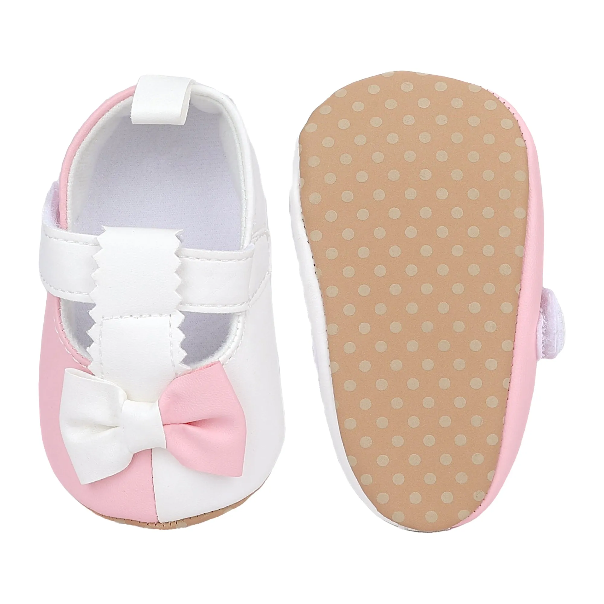Baby Moo Colour Block Bow Velcro T-Strap Anti Skid- Ballerina Booties - Pink, White