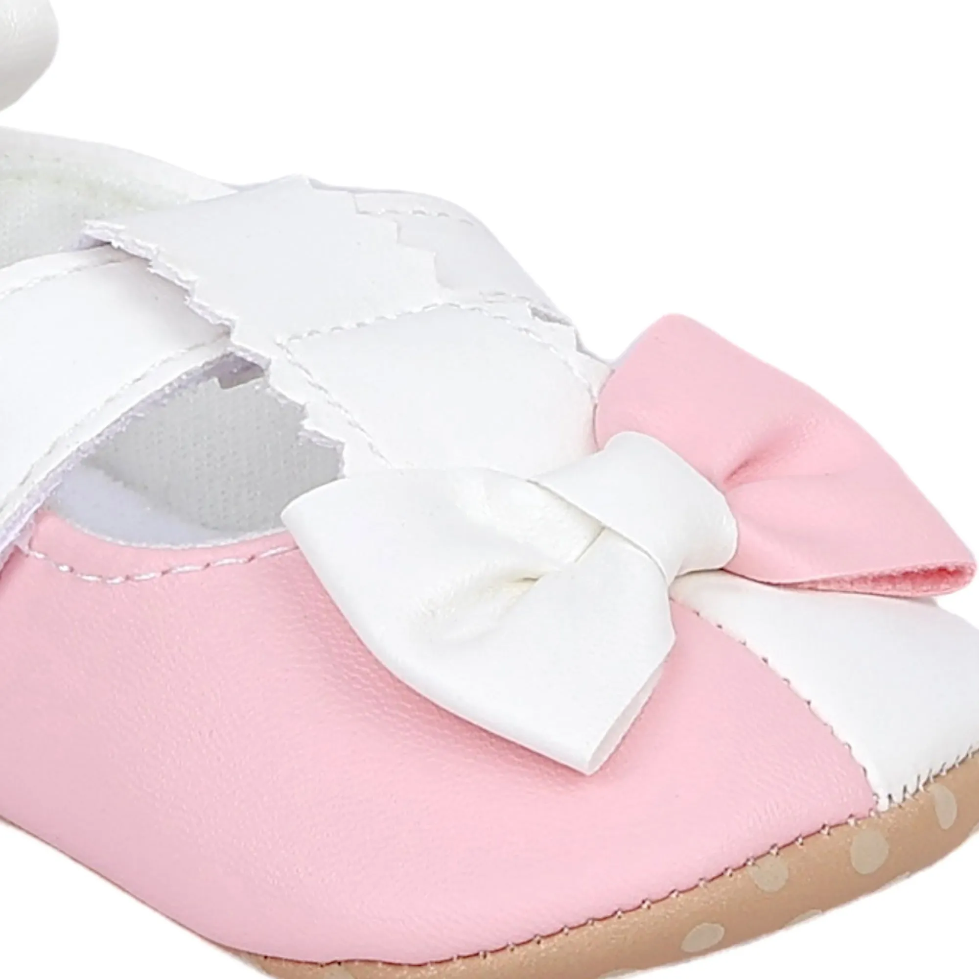 Baby Moo Colour Block Bow Velcro T-Strap Anti Skid- Ballerina Booties - Pink, White