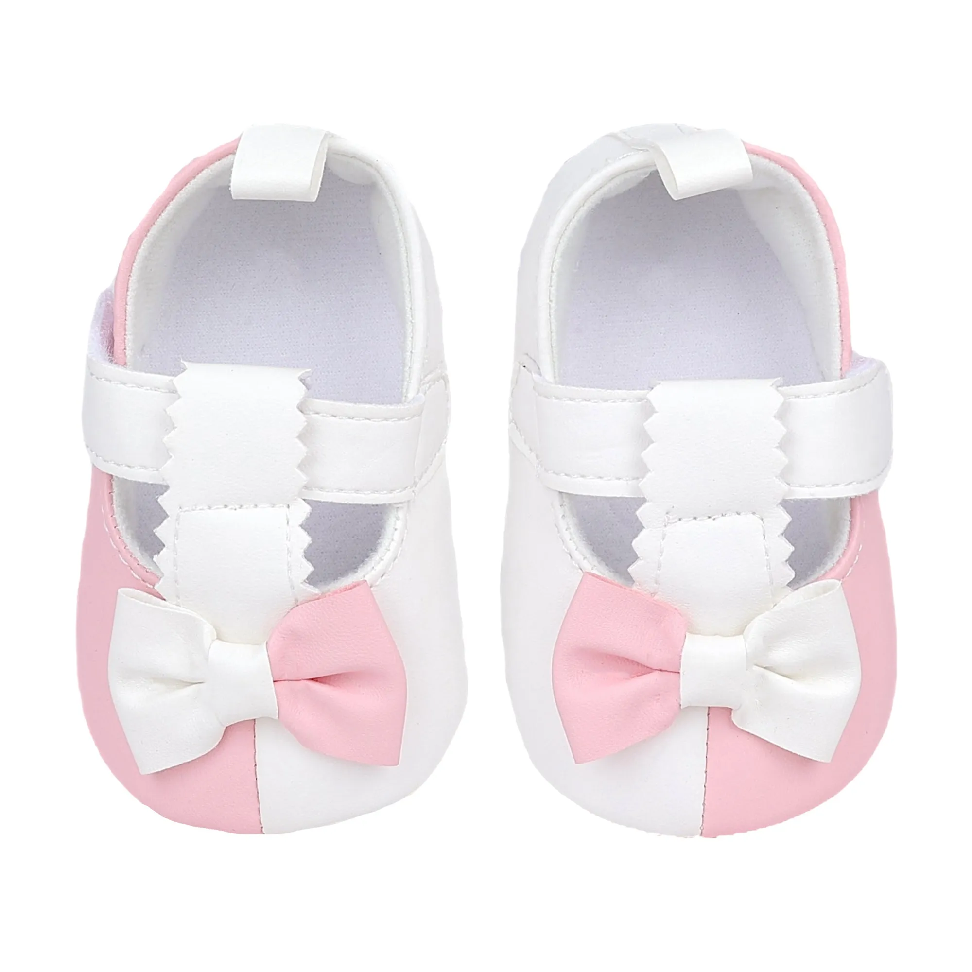 Baby Moo Colour Block Bow Velcro T-Strap Anti Skid- Ballerina Booties - Pink, White