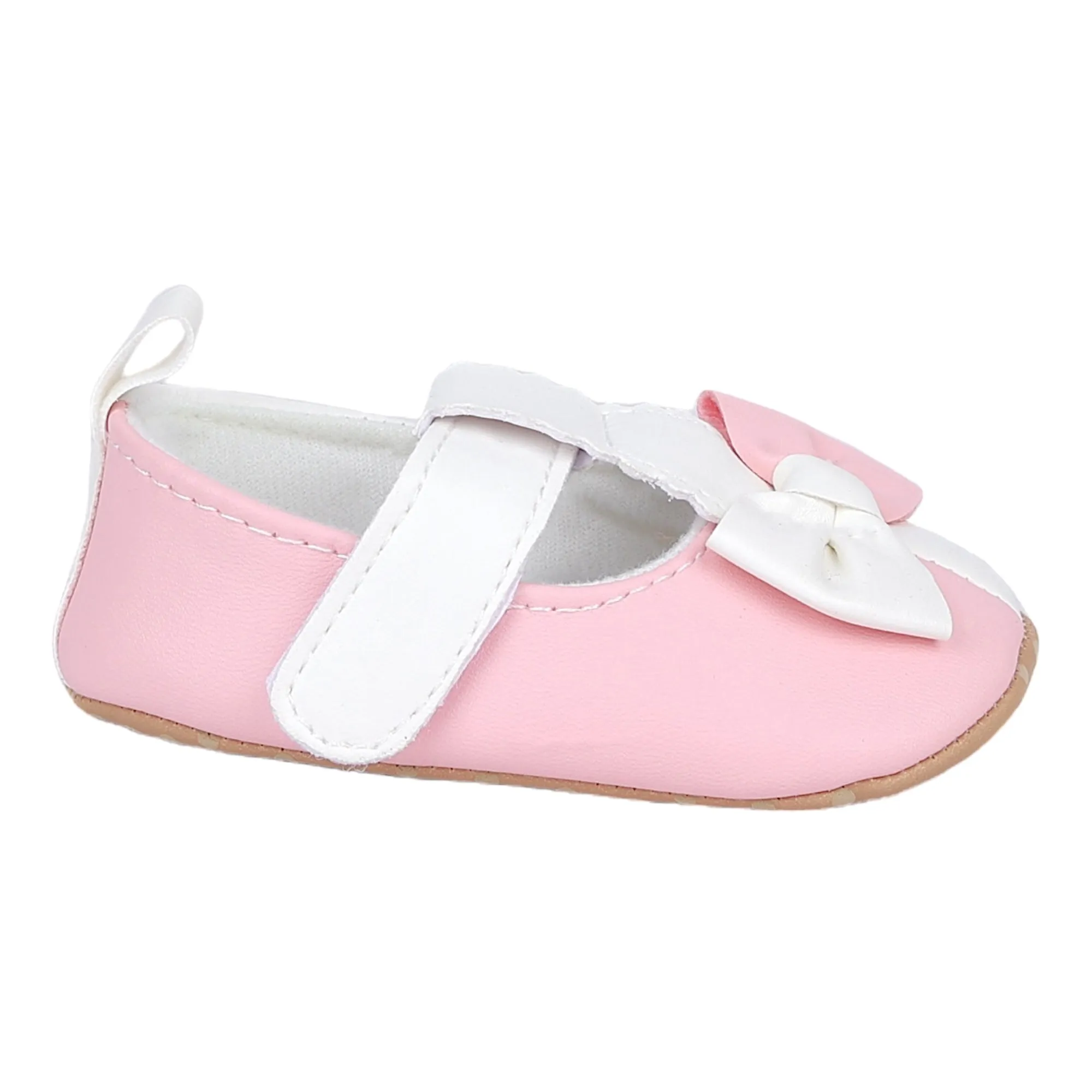 Baby Moo Colour Block Bow Velcro T-Strap Anti Skid- Ballerina Booties - Pink, White
