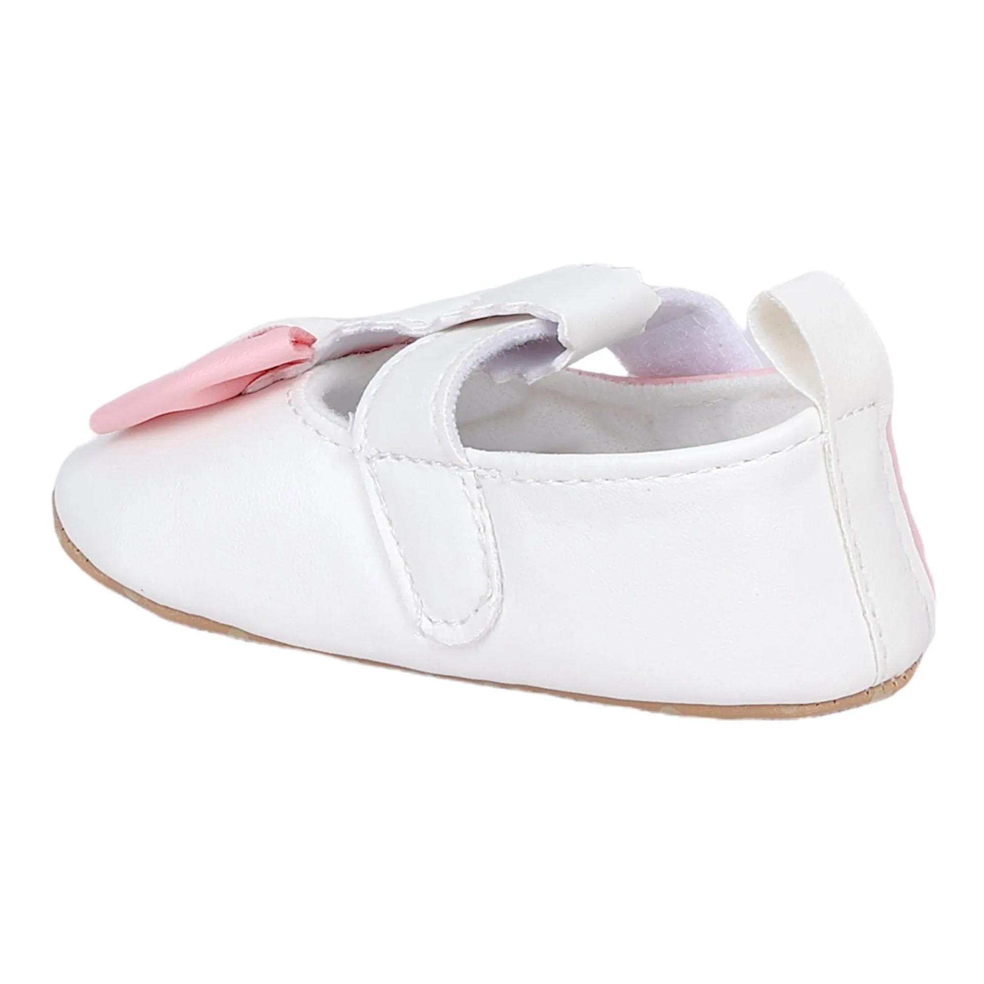 Baby Moo Colour Block Bow Velcro T-Strap Anti Skid- Ballerina Booties - Pink, White