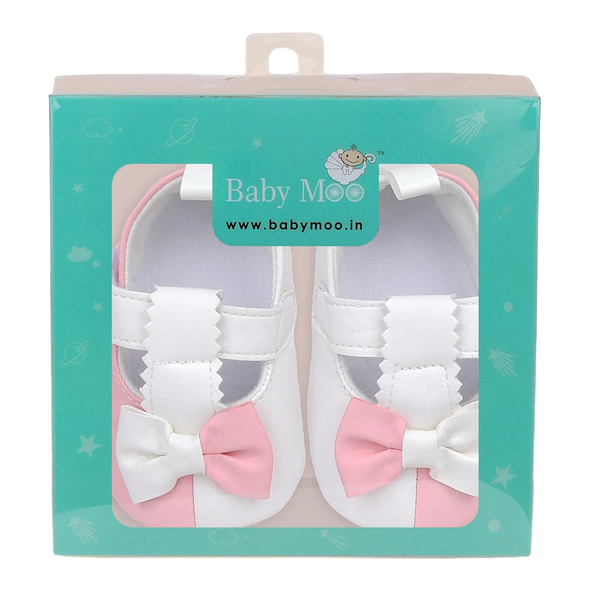 Baby Moo Colour Block Bow Velcro T-Strap Anti Skid- Ballerina Booties - Pink, White