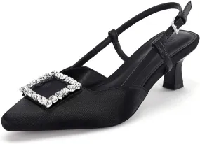 Coutgo Womens Slingback Low Kitten Heels Pumps Closed Pointed Toe Rhinestone Wedding Dress Shoes