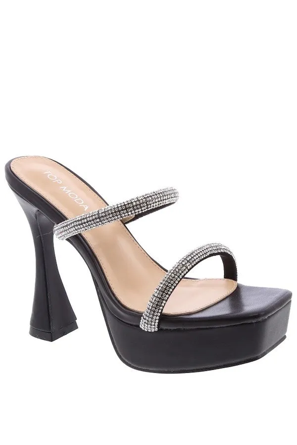 Double Rhinestone Strap Platform Flared Heels