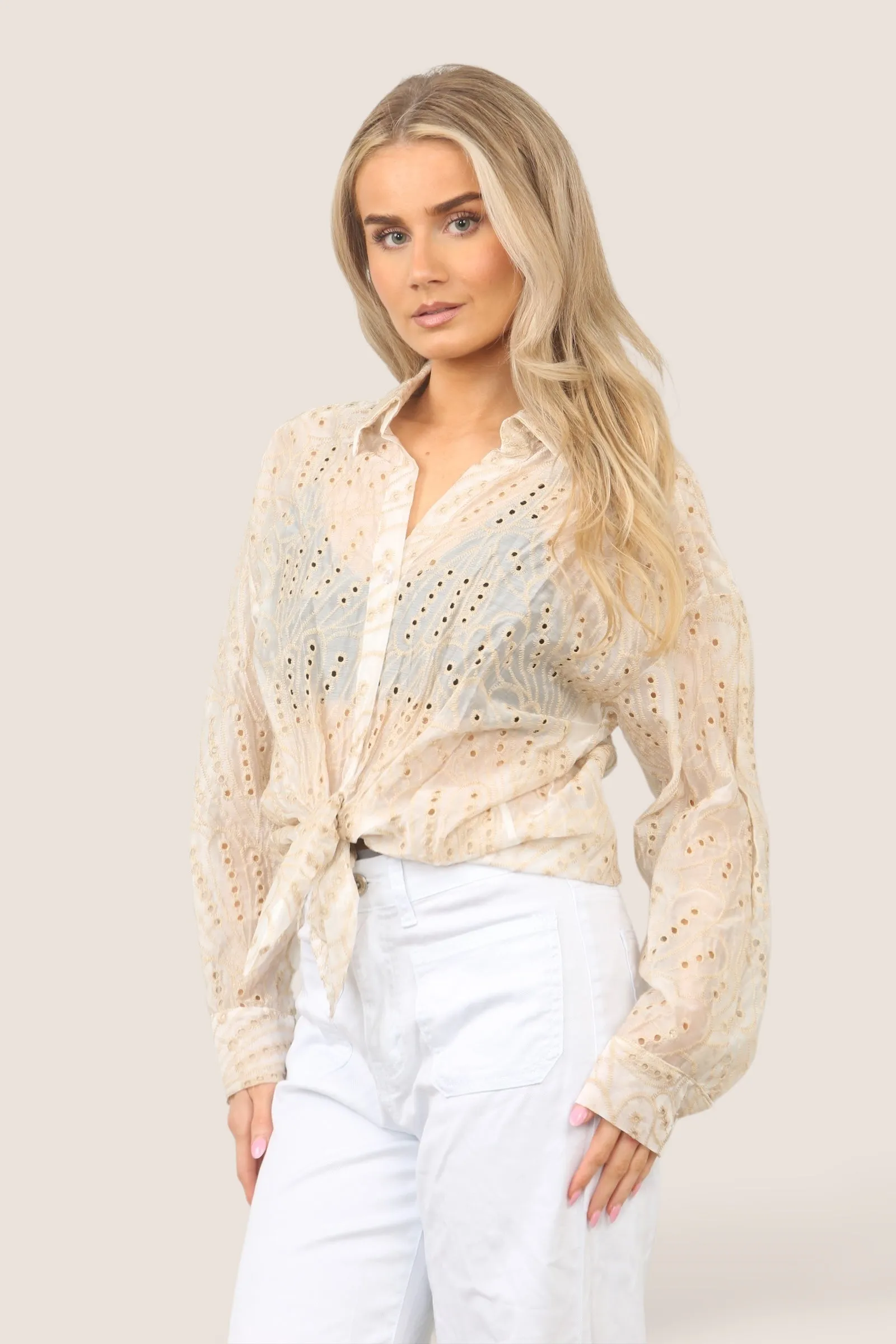 Embroidery Anglaise Tencel High Low Shirt