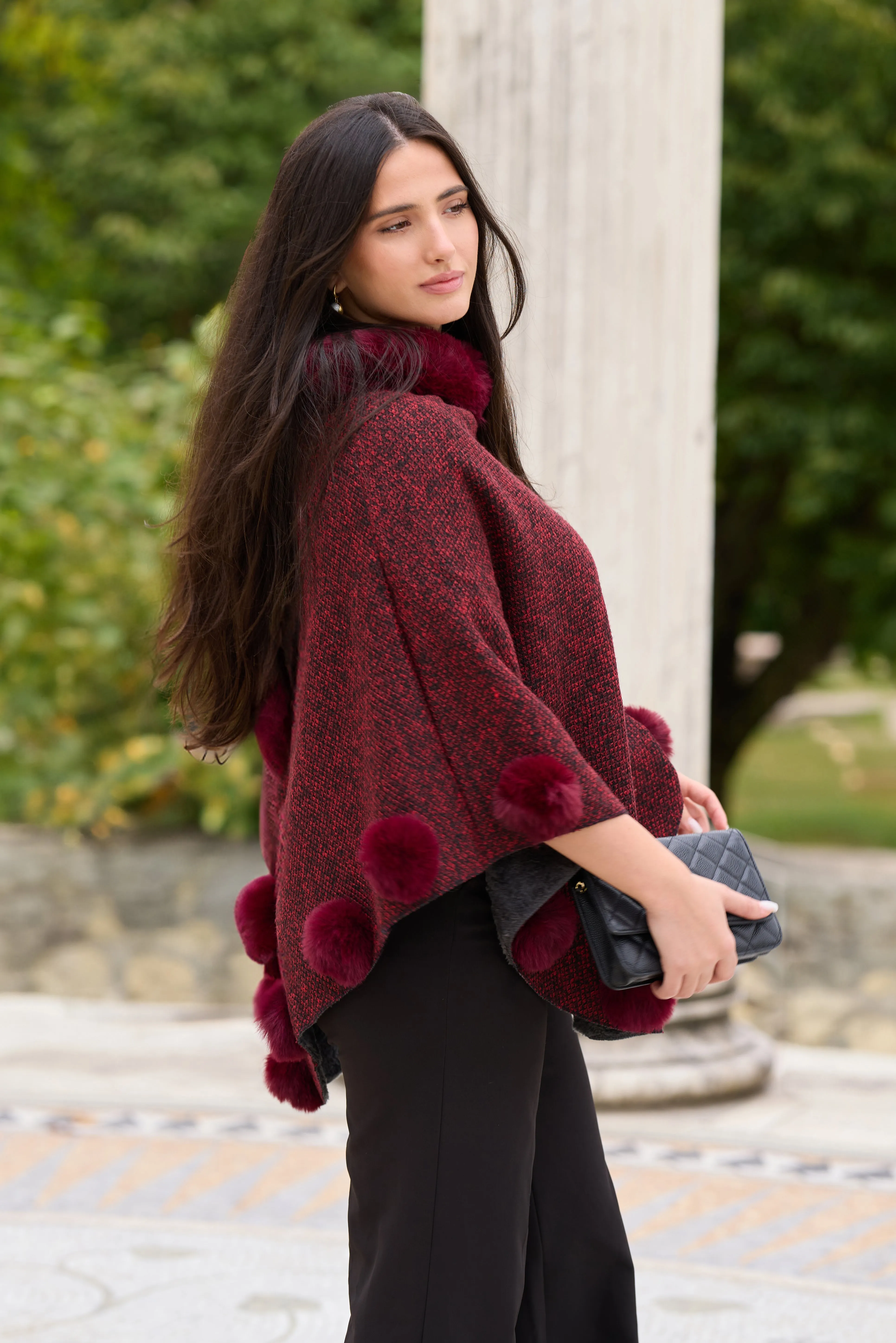 Faux Fur Poncho Pom Pom
