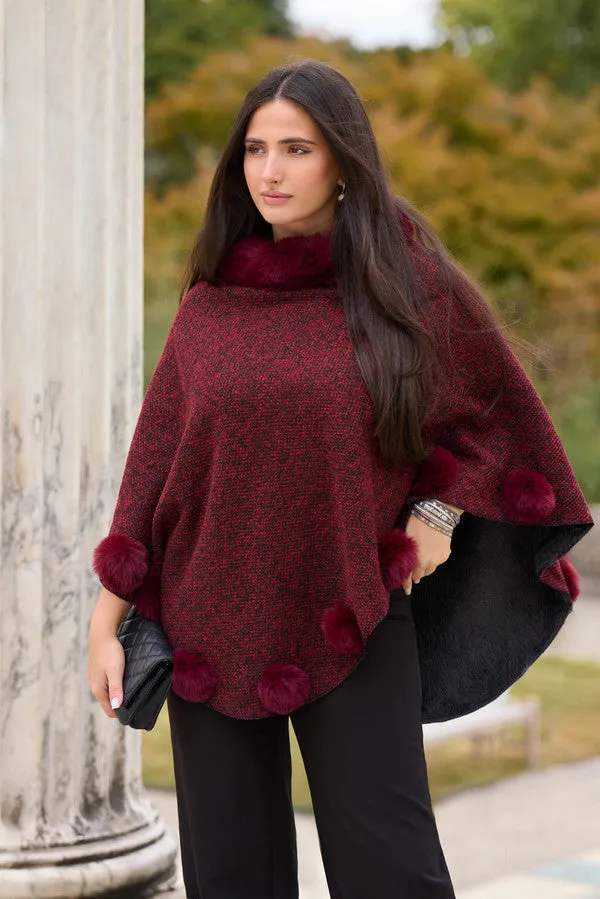 Faux Fur Poncho Pom Pom