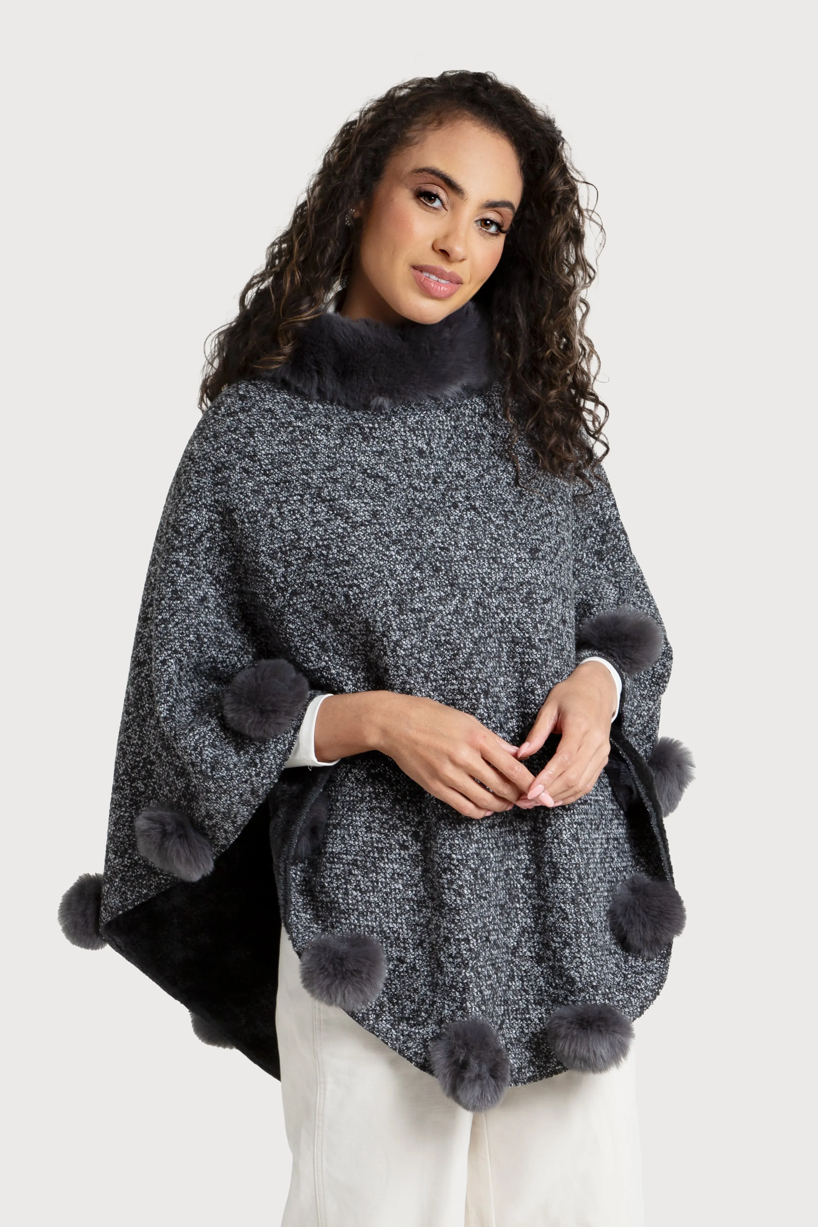 Faux Fur Poncho Pom Pom