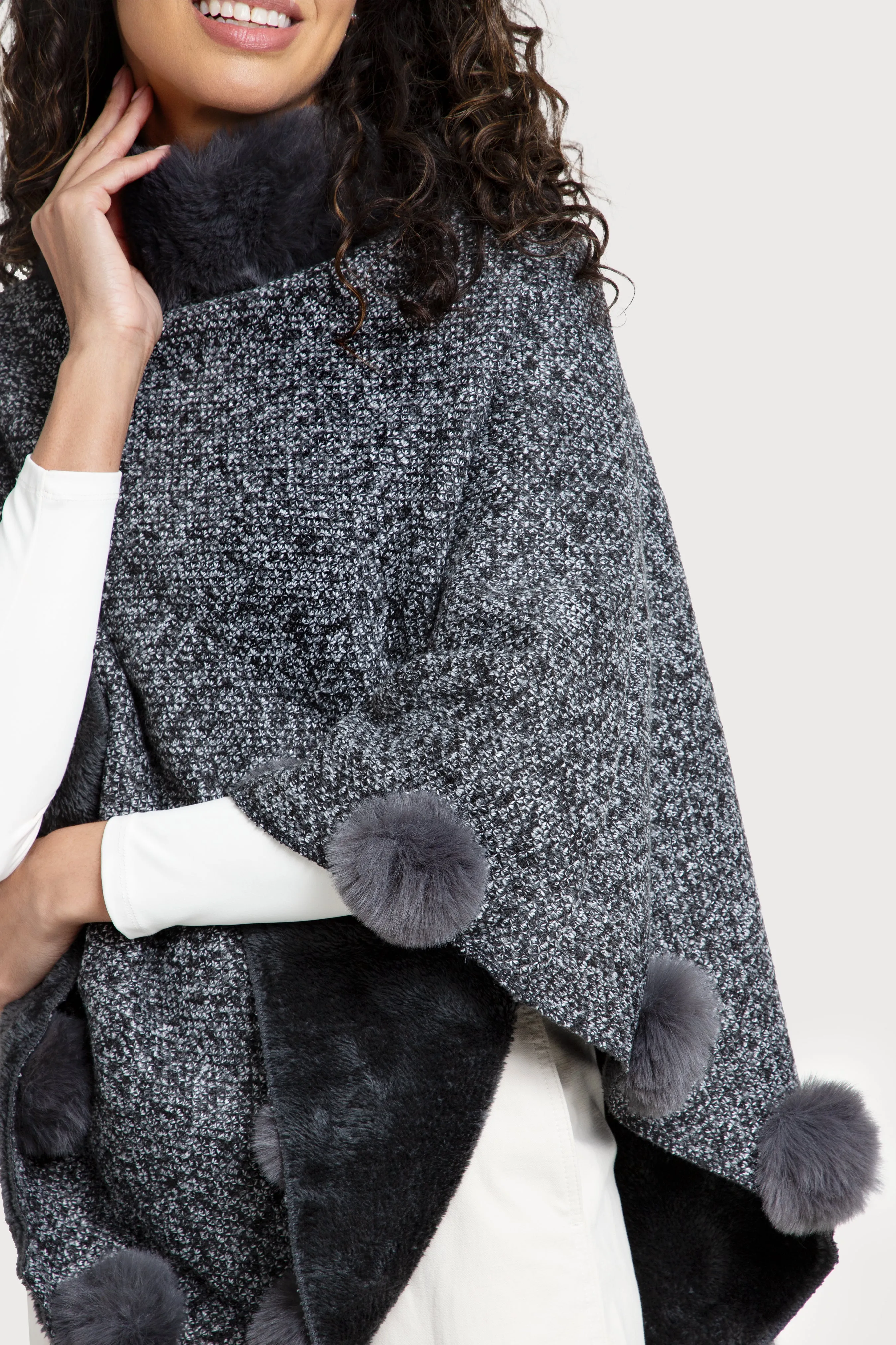 Faux Fur Poncho Pom Pom