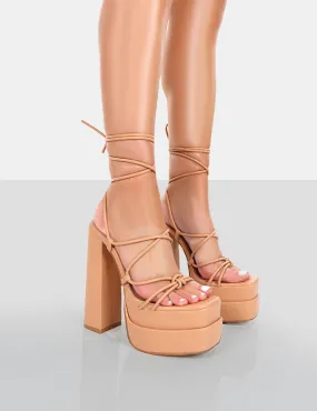 Glow Girl Nude PU  Lace Up Platform High Heels