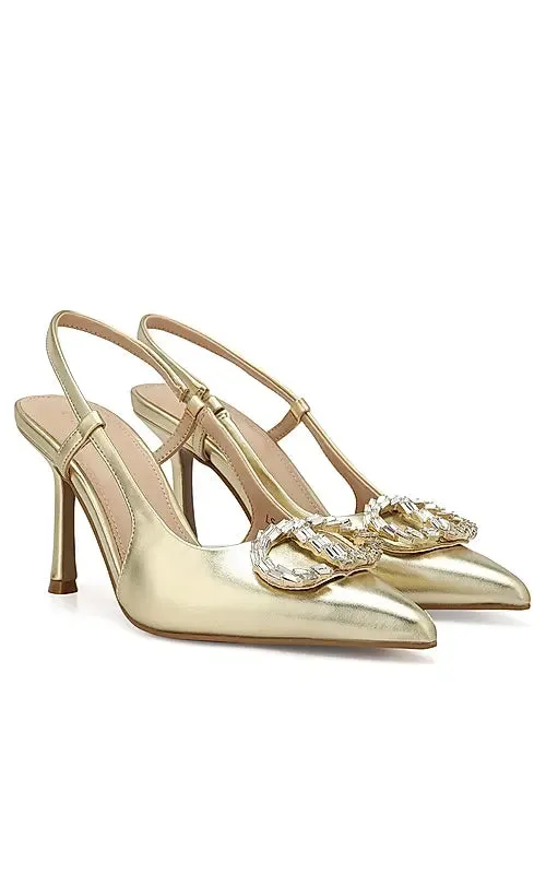 Golden Embellished Slingback Heels