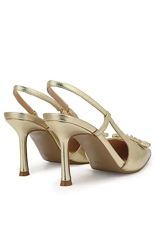 Golden Embellished Slingback Heels
