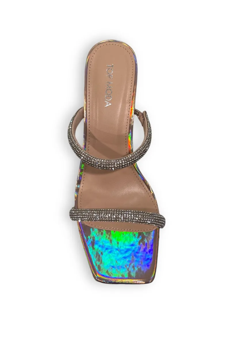 Holographic Double Rhinestone Strap Platform Flared Heels