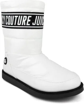 JUICY COUTURE Women's Quilted Slip-On Winter Boots – Waterproof, Warm Mid-Calf Snow Booties with Logo Strap-Kissie