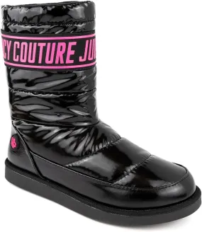 JUICY COUTURE Women's Quilted Slip-On Winter Boots – Waterproof, Warm Mid-Calf Snow Booties with Logo Strap-Kissie