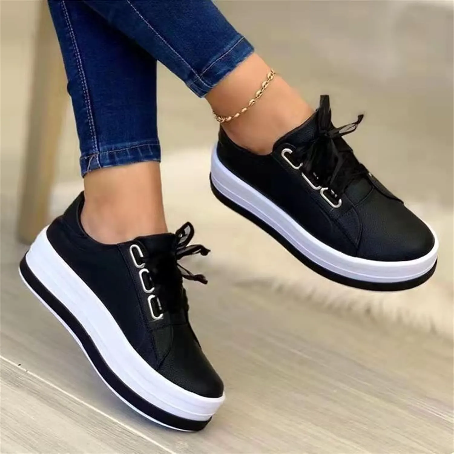 Ladmiple Womens Shoes Dressy Casual Loafers Lace Up Leather Sneaker Fashion Comfortable Slip On Platform Walking Shoes