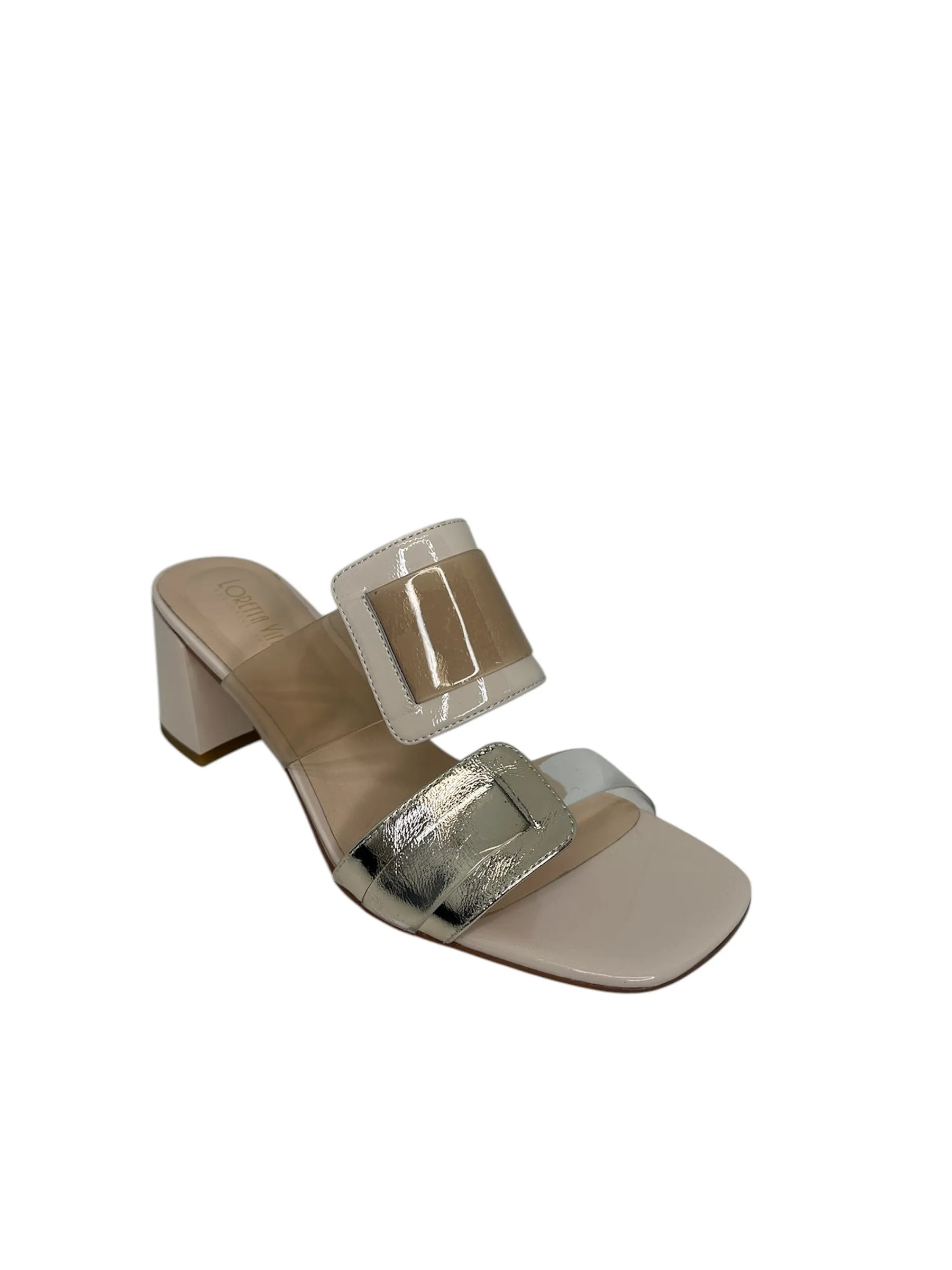 Nude Sandals with Block Heel and Gold Detail
