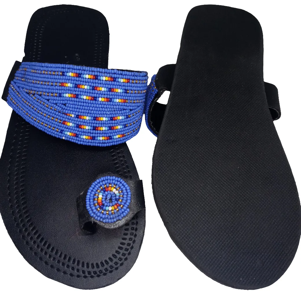 One toe leather beaded handmade Masai Sandals Blue