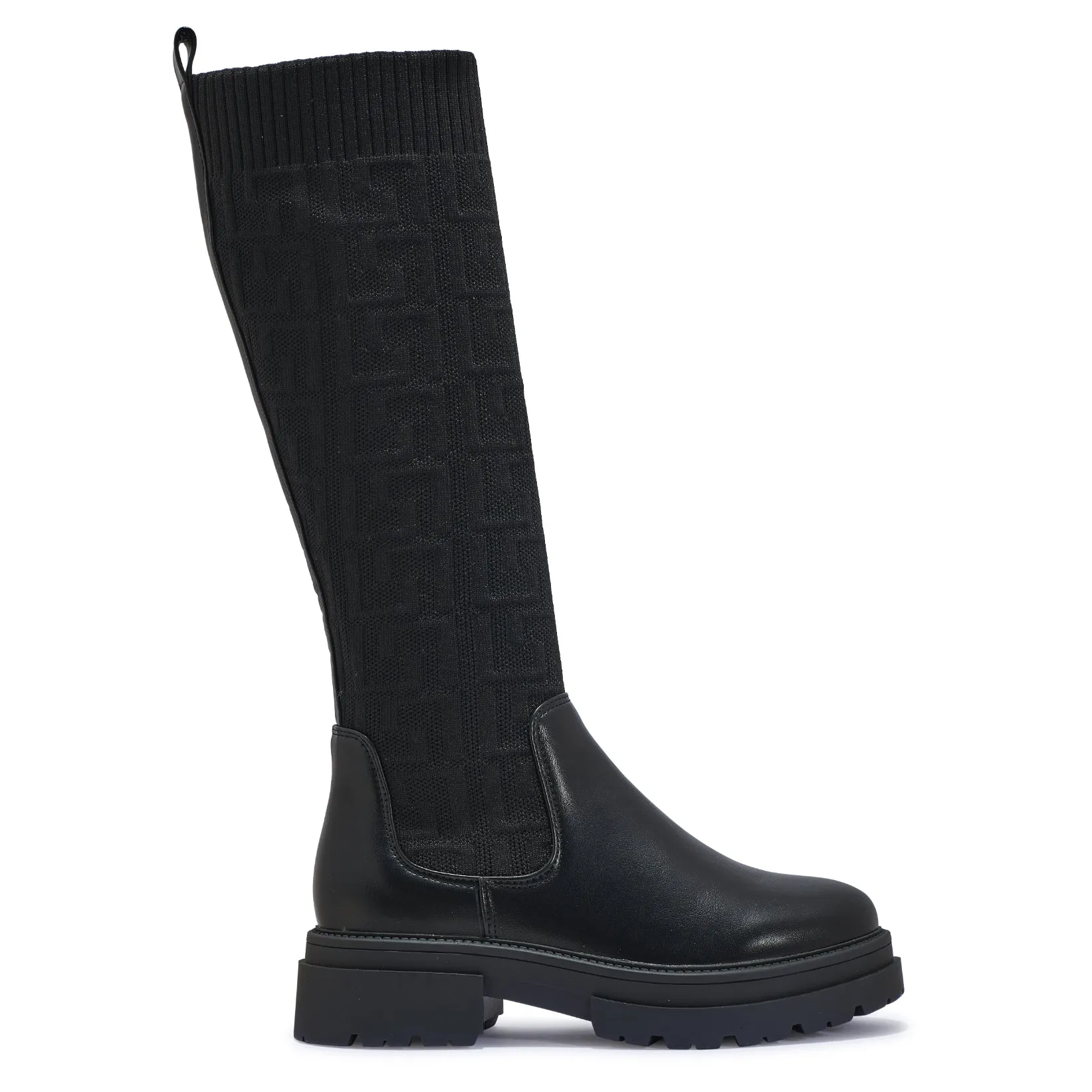 PERTH105 BLACK CHUNKY KNEE HIGH FLAT BOOTS