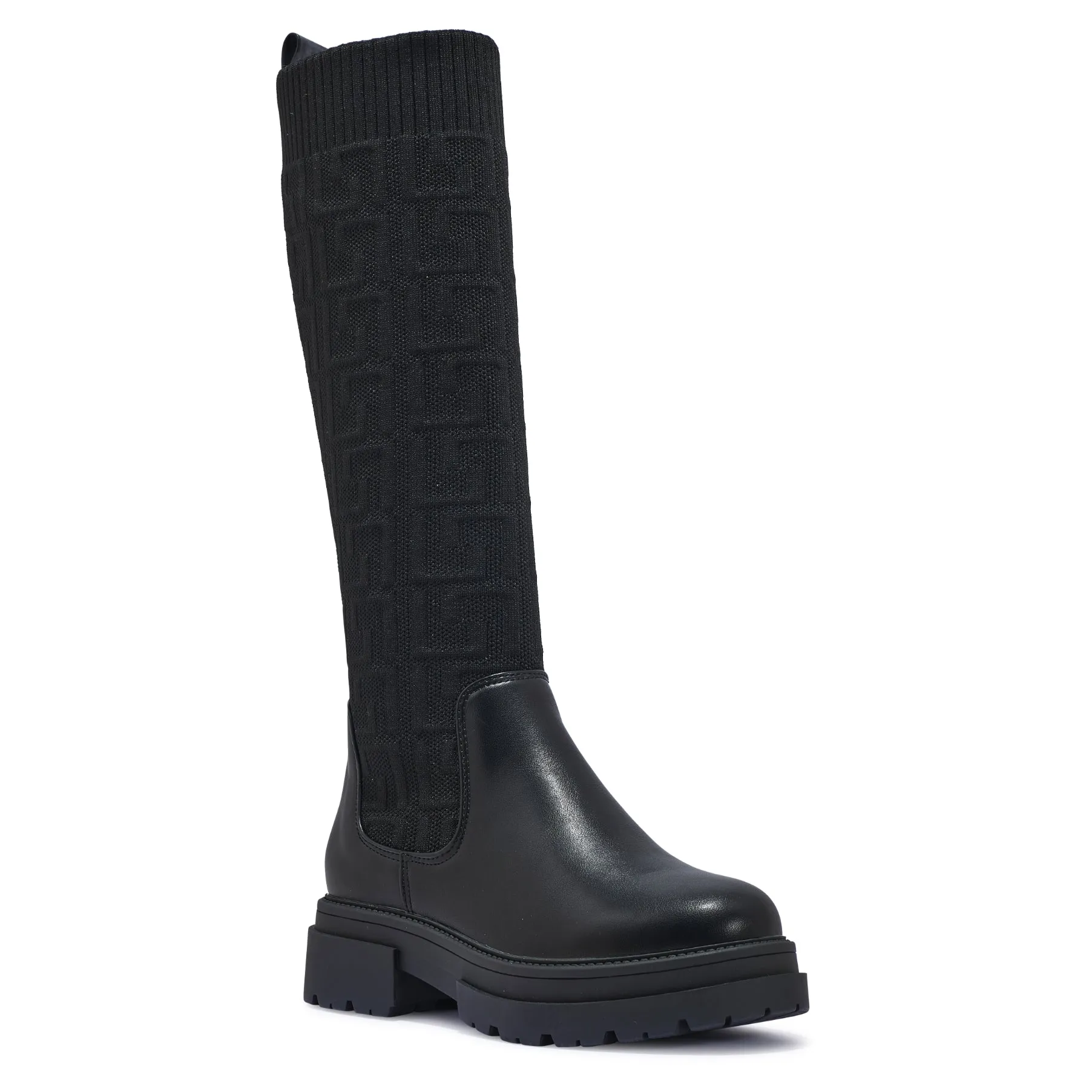 PERTH105 BLACK CHUNKY KNEE HIGH FLAT BOOTS