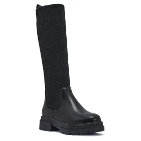 PERTH105 BLACK CHUNKY KNEE HIGH FLAT BOOTS