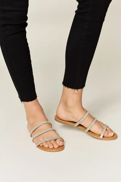 Rhinestone Three-Strap Flat Sandals in Tan