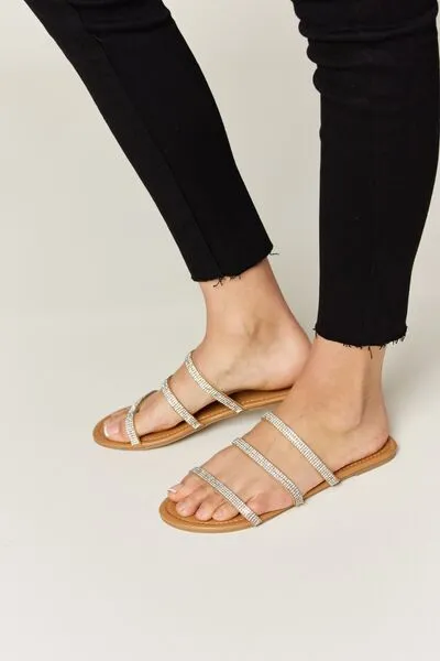 Rhinestone Three-Strap Flat Sandals in Tan