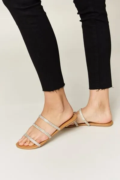 Rhinestone Three-Strap Flat Sandals in Tan