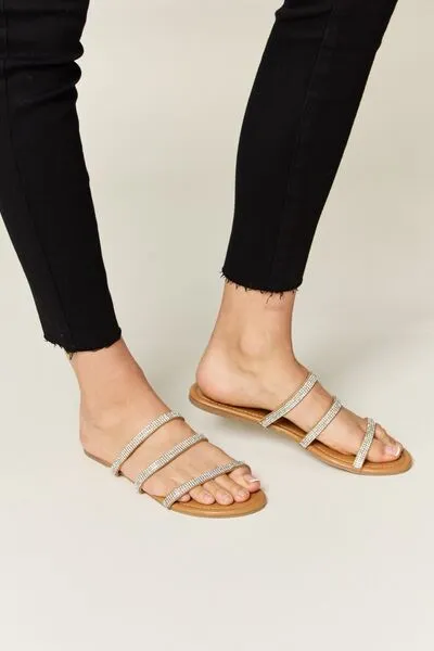Rhinestone Three-Strap Flat Sandals in Tan