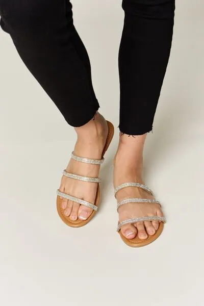Rhinestone Three-Strap Flat Sandals in Tan