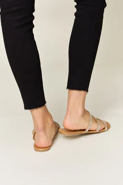 Rhinestone Three-Strap Flat Sandals in Tan