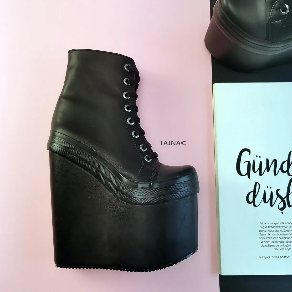 Stylish Black Lace Up Wedge Booties