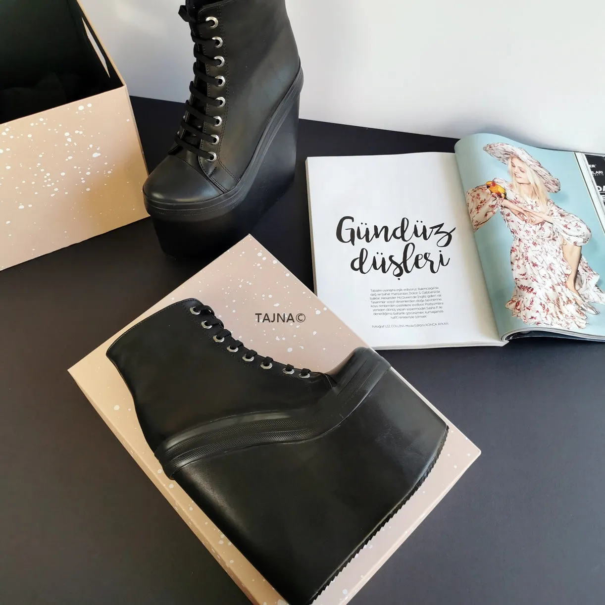Stylish Black Lace Up Wedge Booties