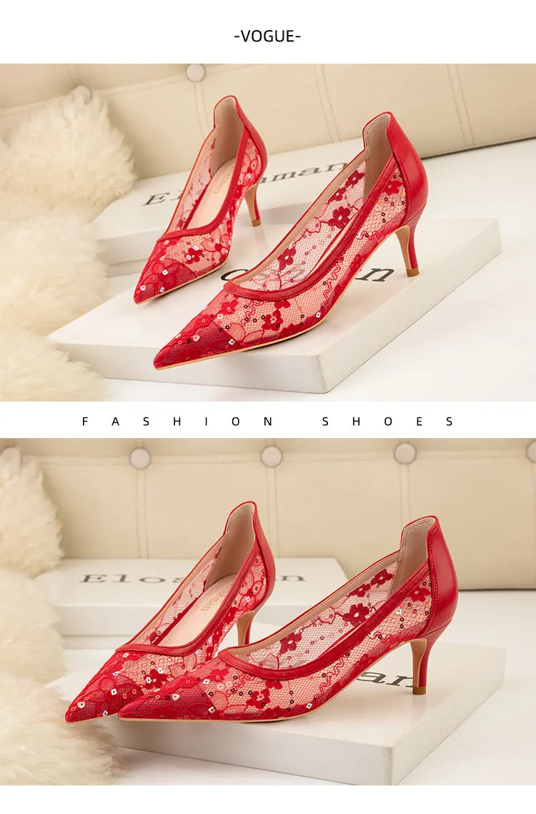 Stylish pointed mesh lace high heels