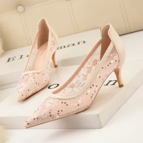 Stylish pointed mesh lace high heels