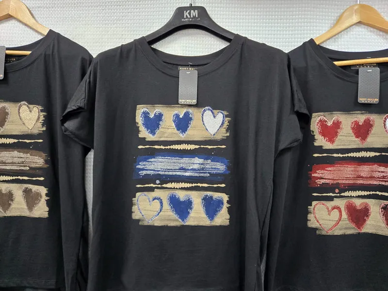 Triple Heart Stripe Metallic High Low Cotton T-shirt