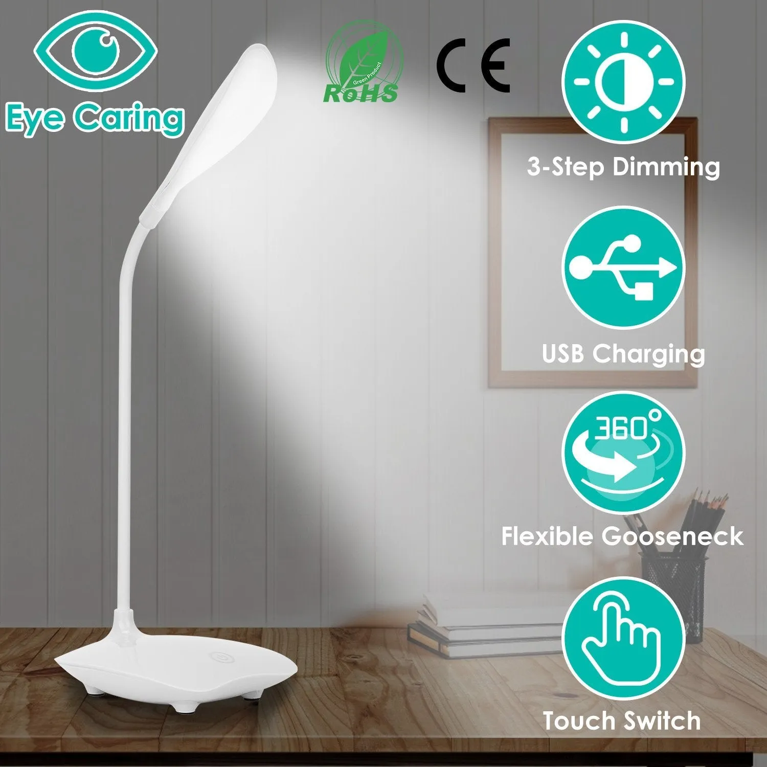 USB Rechargeable Table Lamp Dimmable LED Flexible Gooseneck Desk Light
