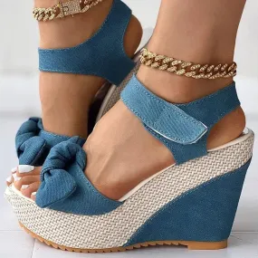 Women Bowknot Design Denim Wedge Sandals Outdoor Summer Fashion Peep Toe Wedge Platform Shoes Going Out Slingback Buckle Sandals