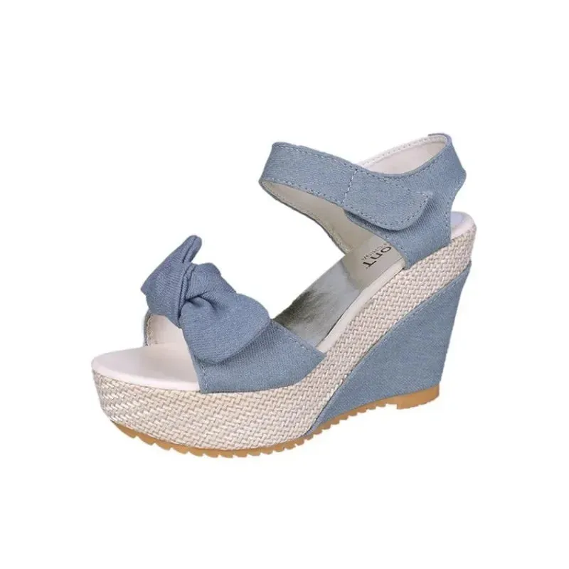 Women Bowknot Design Denim Wedge Sandals Outdoor Summer Fashion Peep Toe Wedge Platform Shoes Going Out Slingback Buckle Sandals