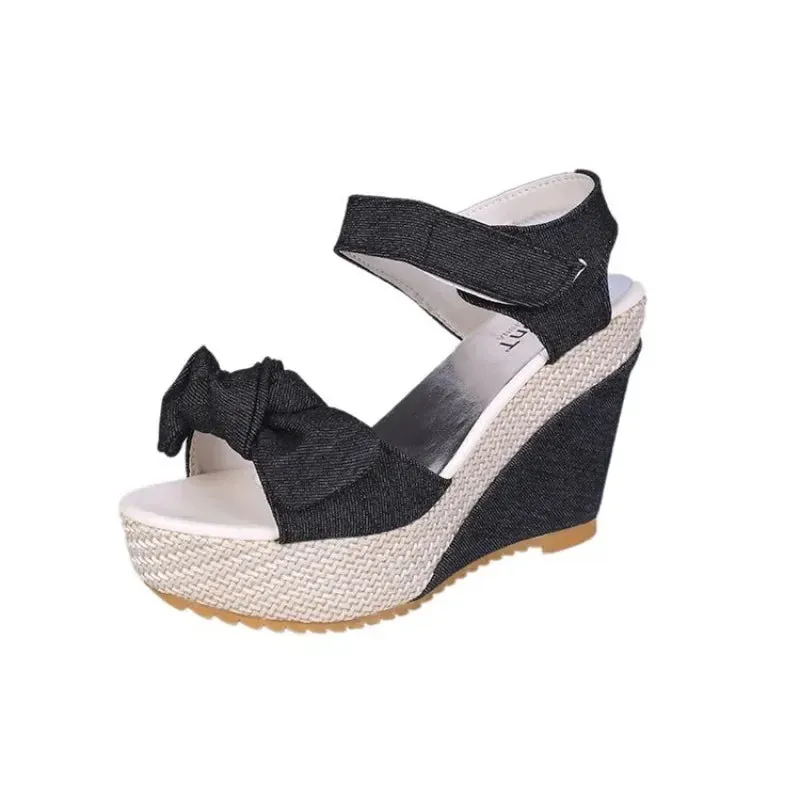 Women Bowknot Design Denim Wedge Sandals Outdoor Summer Fashion Peep Toe Wedge Platform Shoes Going Out Slingback Buckle Sandals