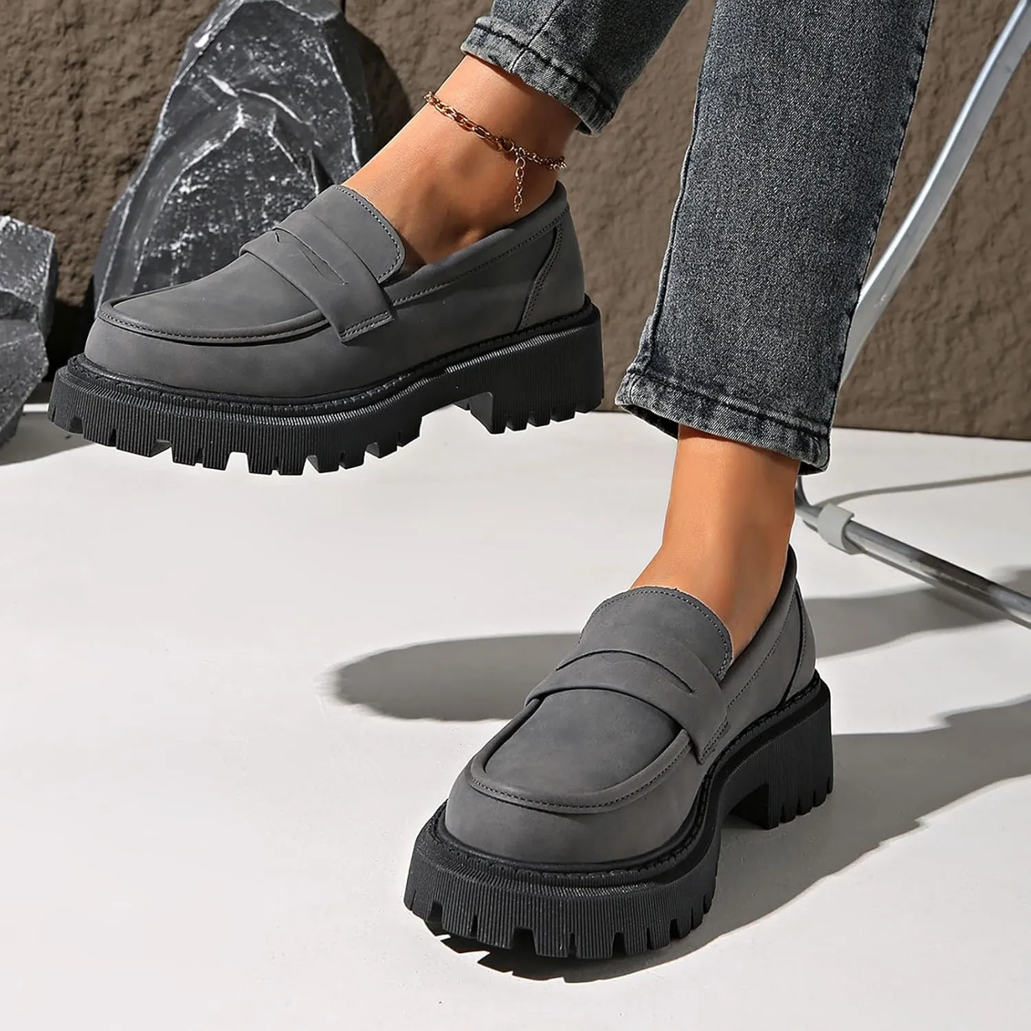 Womens Chunky Loafers Platform Work Shoes Dress Penny Loafers Comfortable Office Shoes Casual Leather Shoes